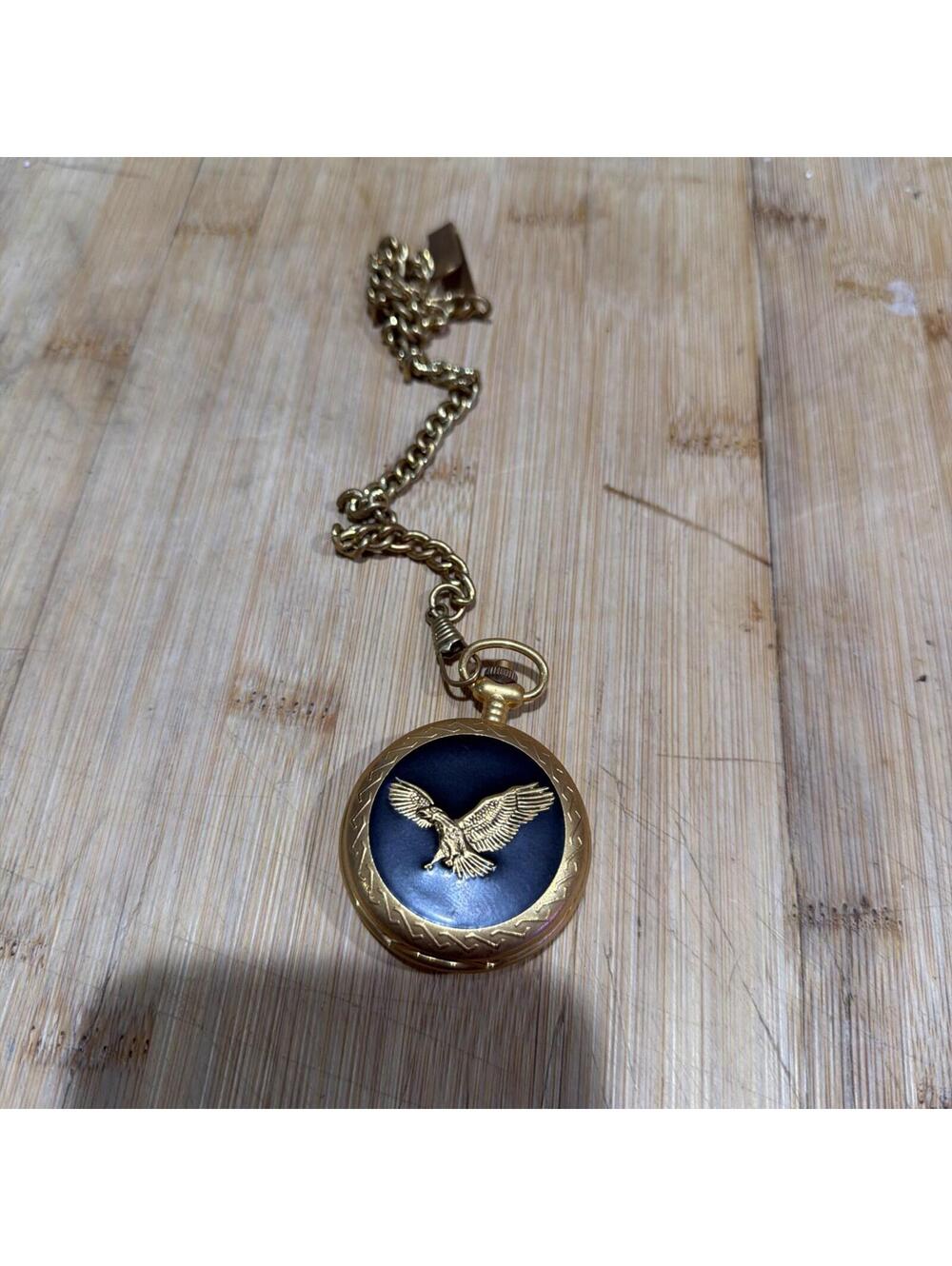 VTG Embassy  Quartz Full Hunter Pocket Watch w/ Chain, Black Eagle Cover Gold *